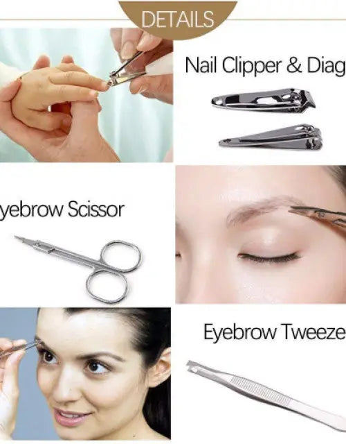 Collection of nail clippers, eyebrow scissors, and tweezers with close-up images and text labels.