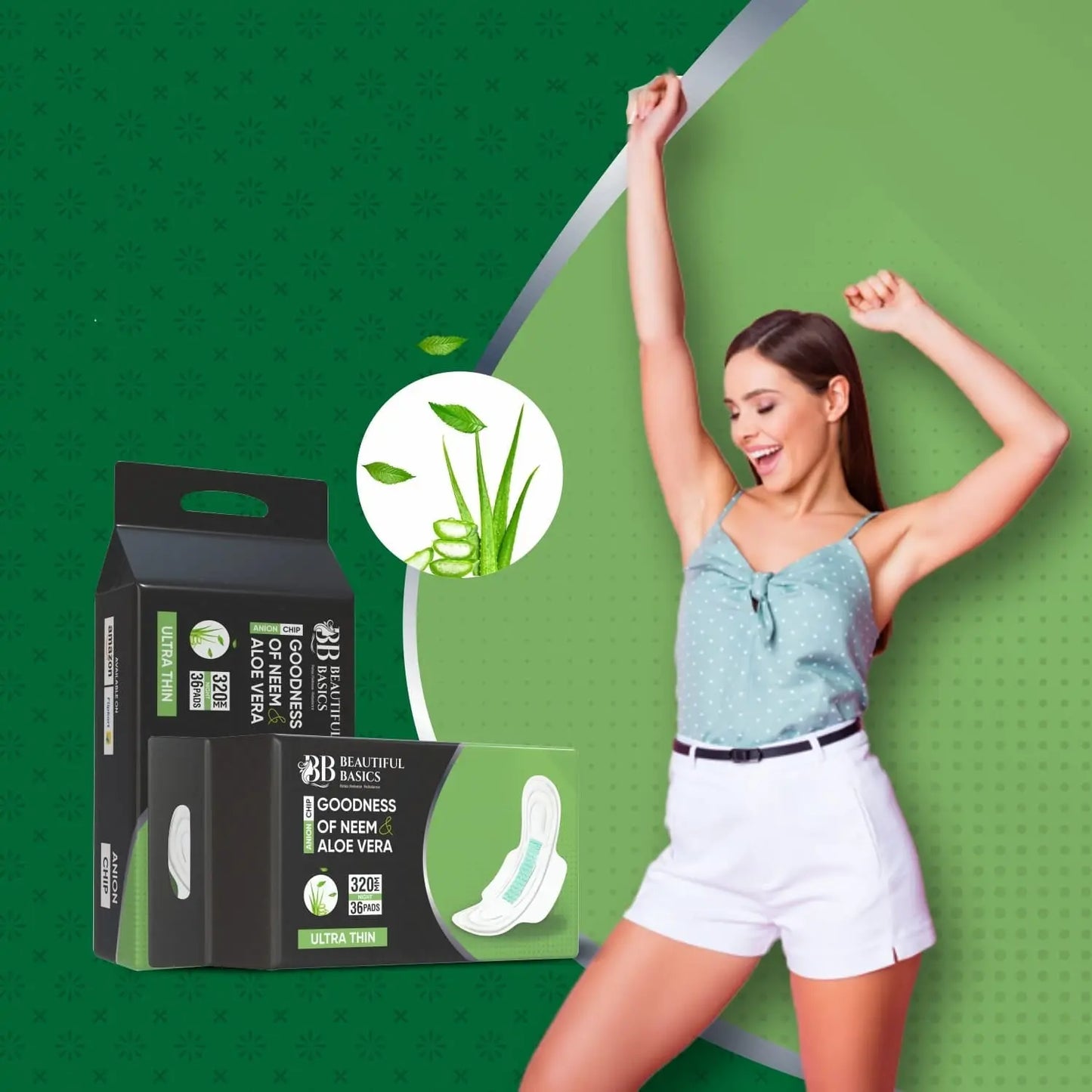 Neem & Aloe Vera Sanitary Pads – Ultra - Thin, 320mm with Anion Chip, 5X Absorbency – 36 Pads - Chestore