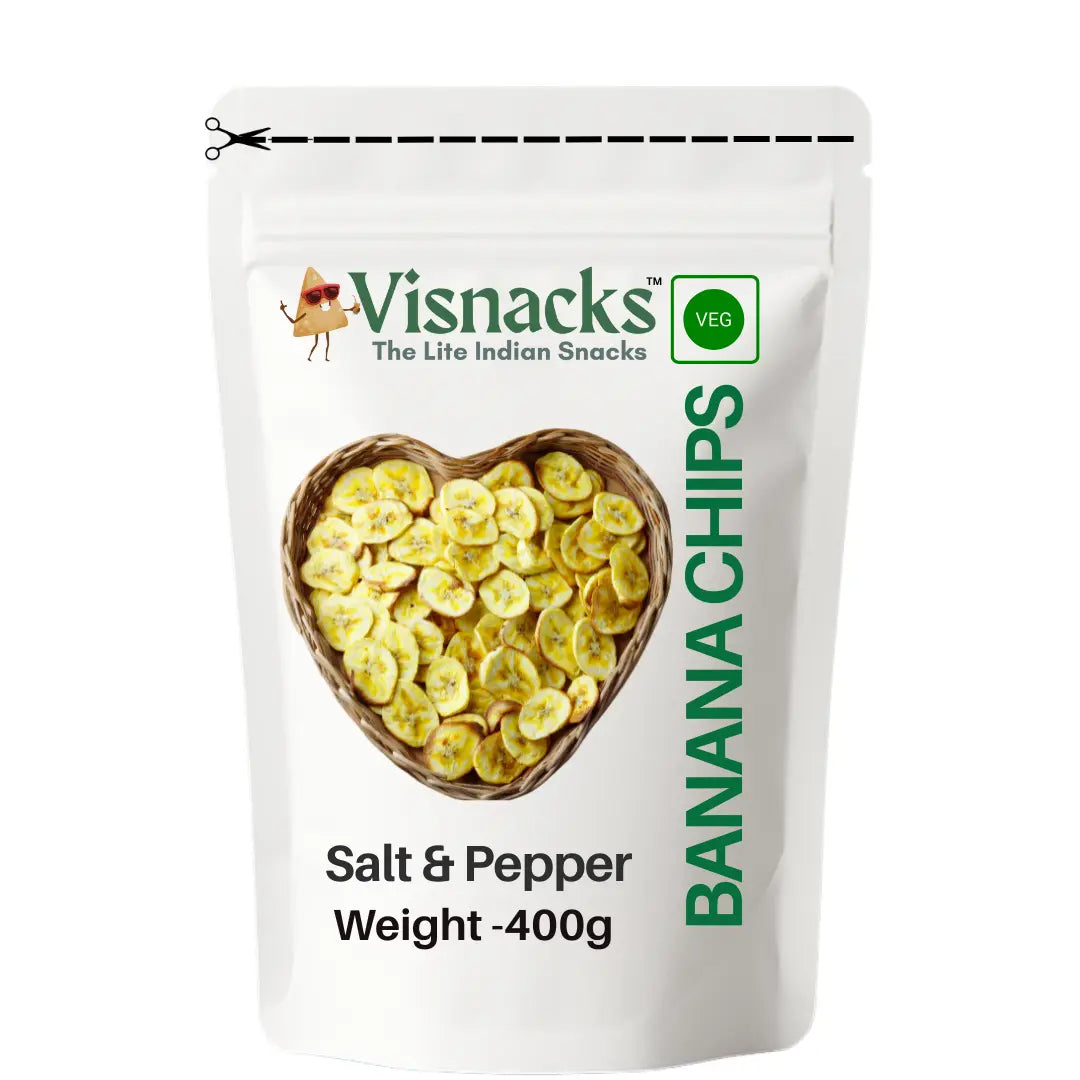 Visnacks salt & pepper banana chips packaging on a white background