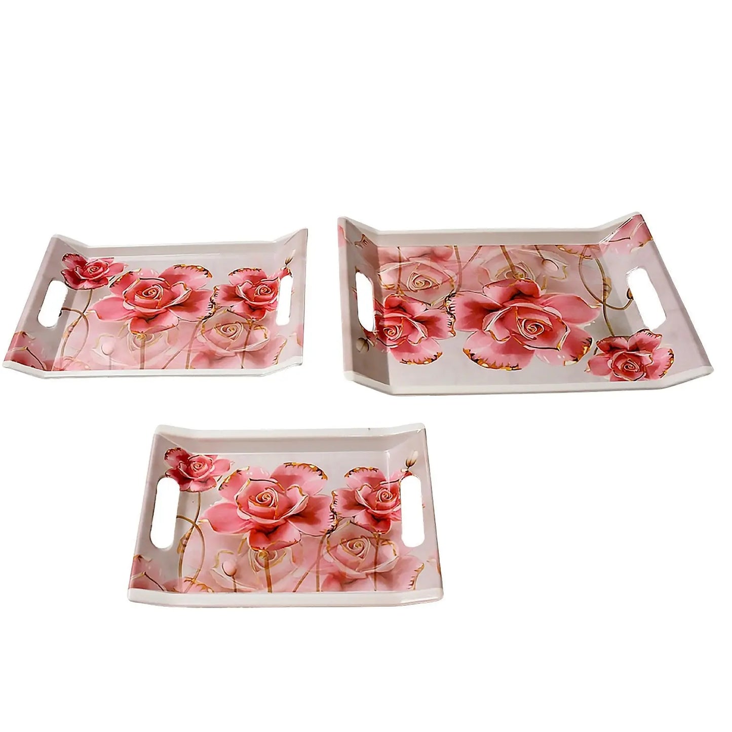 Plastic Rectangular Serving Tray Set (3 Pcs) – Elegant Floral Design - Chestore