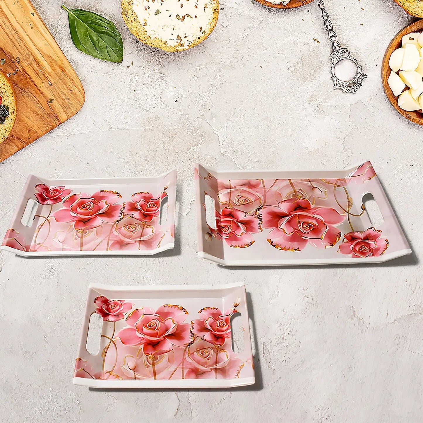 Plastic Rectangular Serving Tray Set (3 Pcs) – Elegant Floral Design - Chestore