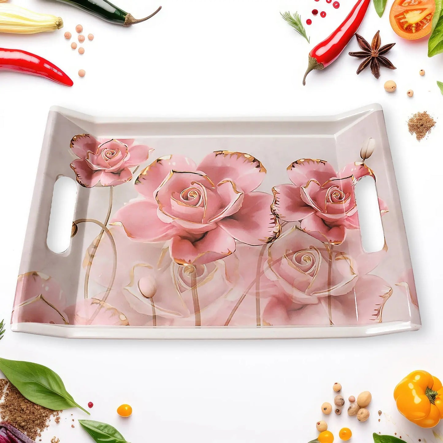 Plastic Rectangular Serving Tray Set (3 Pcs) – Elegant Floral Design - Chestore