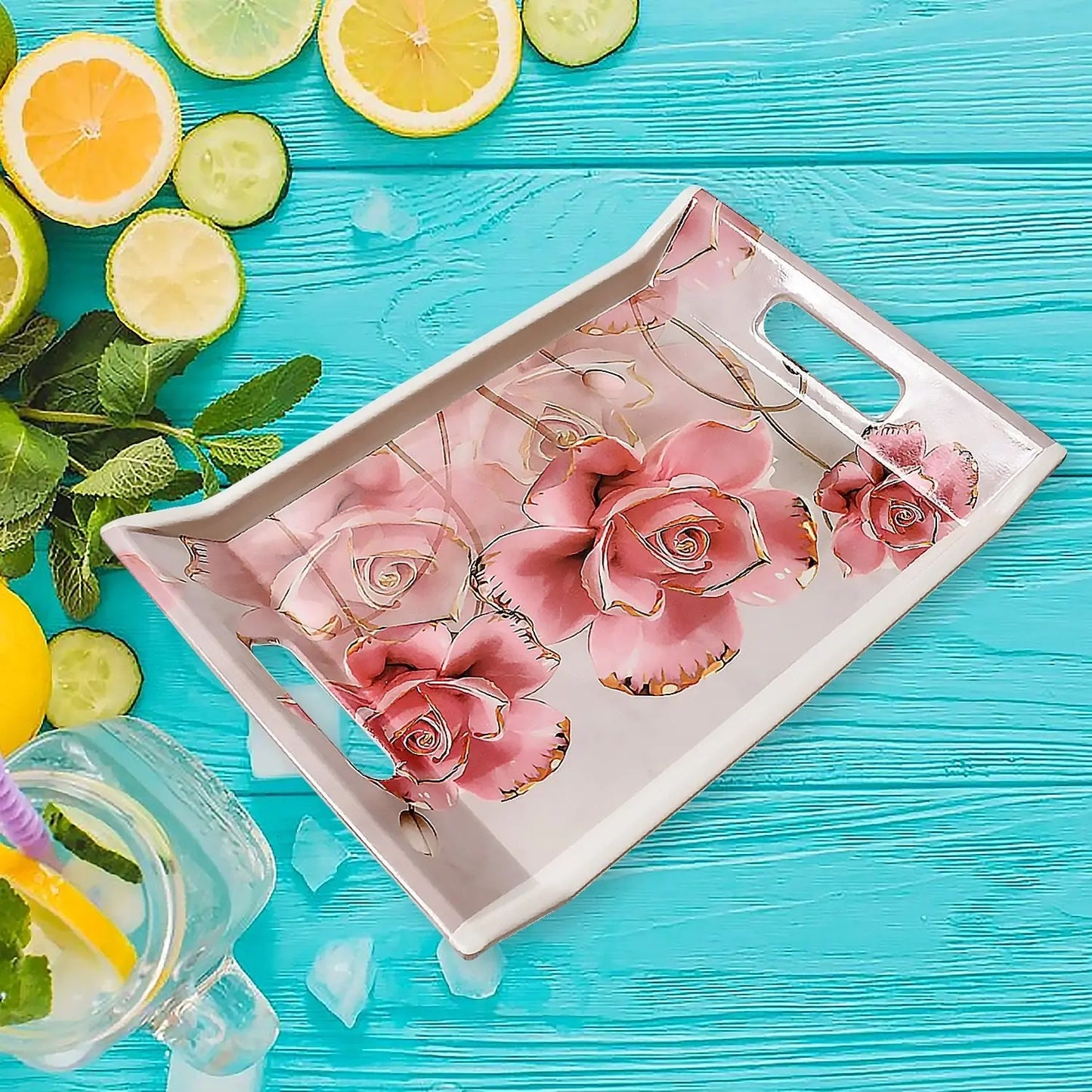 Plastic Rectangular Serving Tray Set (3 Pcs) – Elegant Floral Design - Chestore