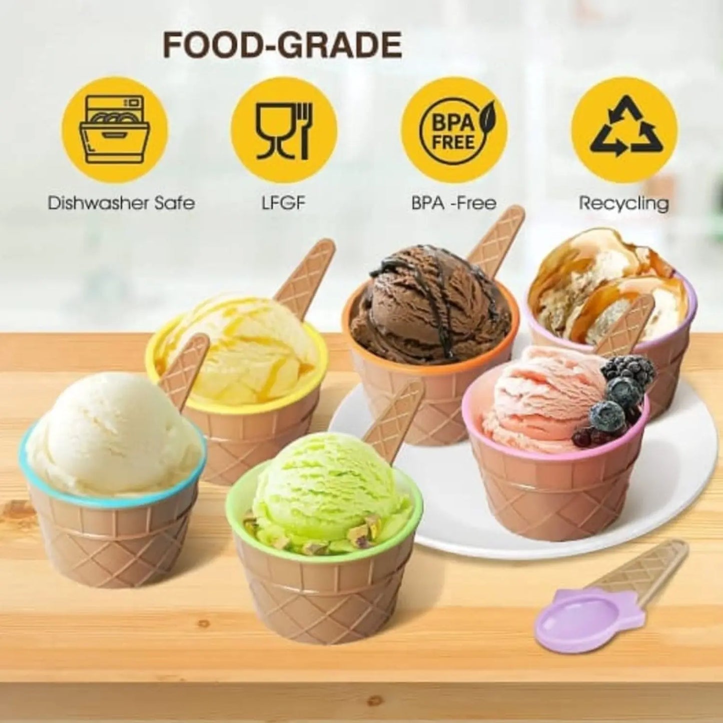 Premium Ice Cream Waffle Bowl & Spoon Set – 6 - Piece Set - Chestore