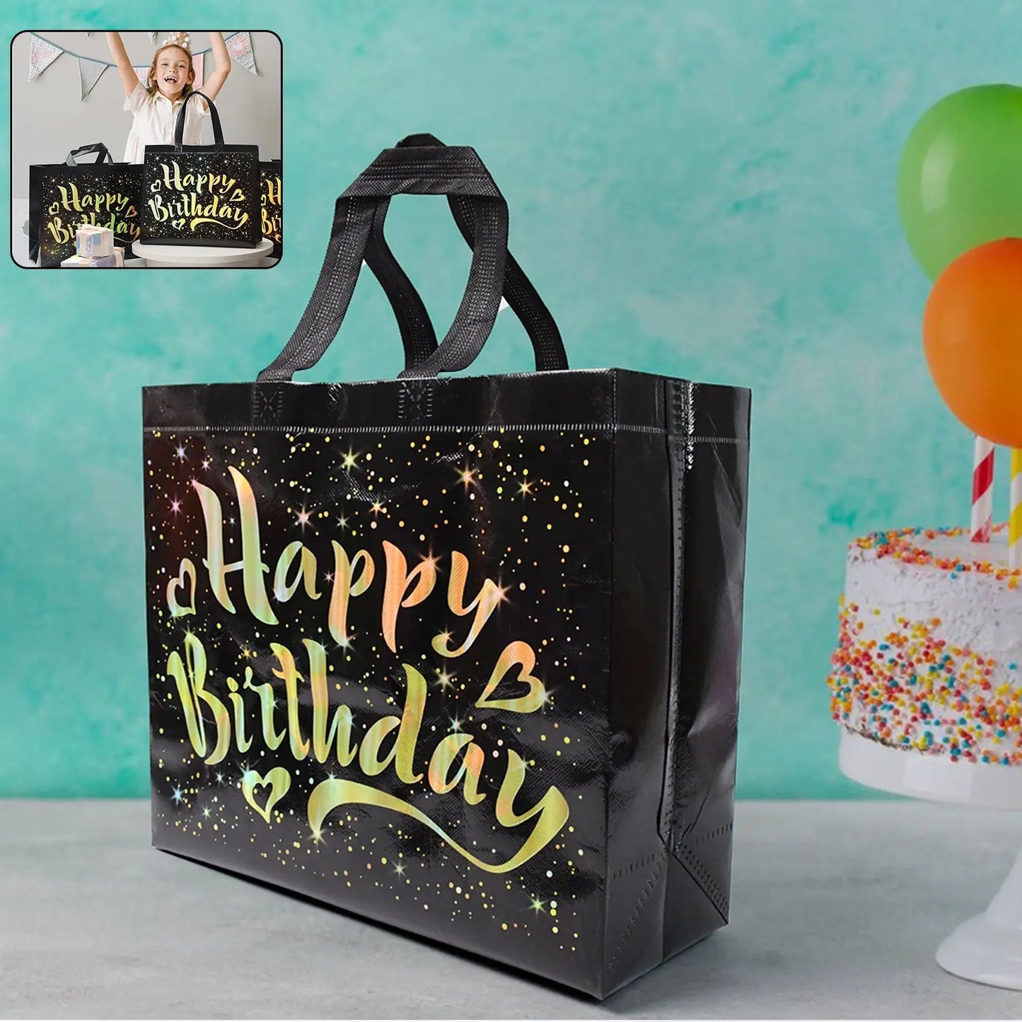 Birthday Gift Bag with Gold Shiny Stars – Reusable Party Gift Bag - Chestore