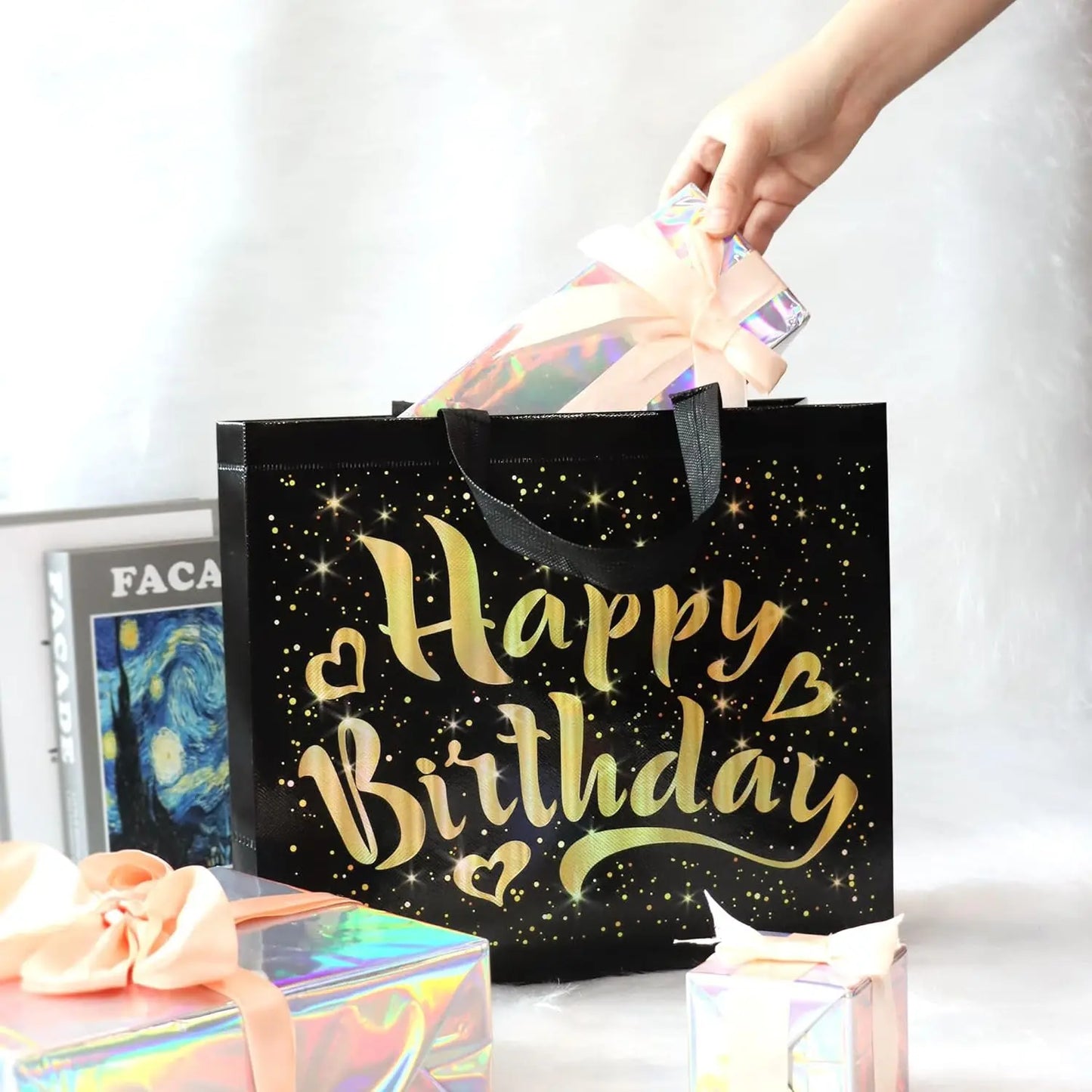 Birthday Gift Bag with Gold Shiny Stars – Reusable Party Gift Bag - Chestore