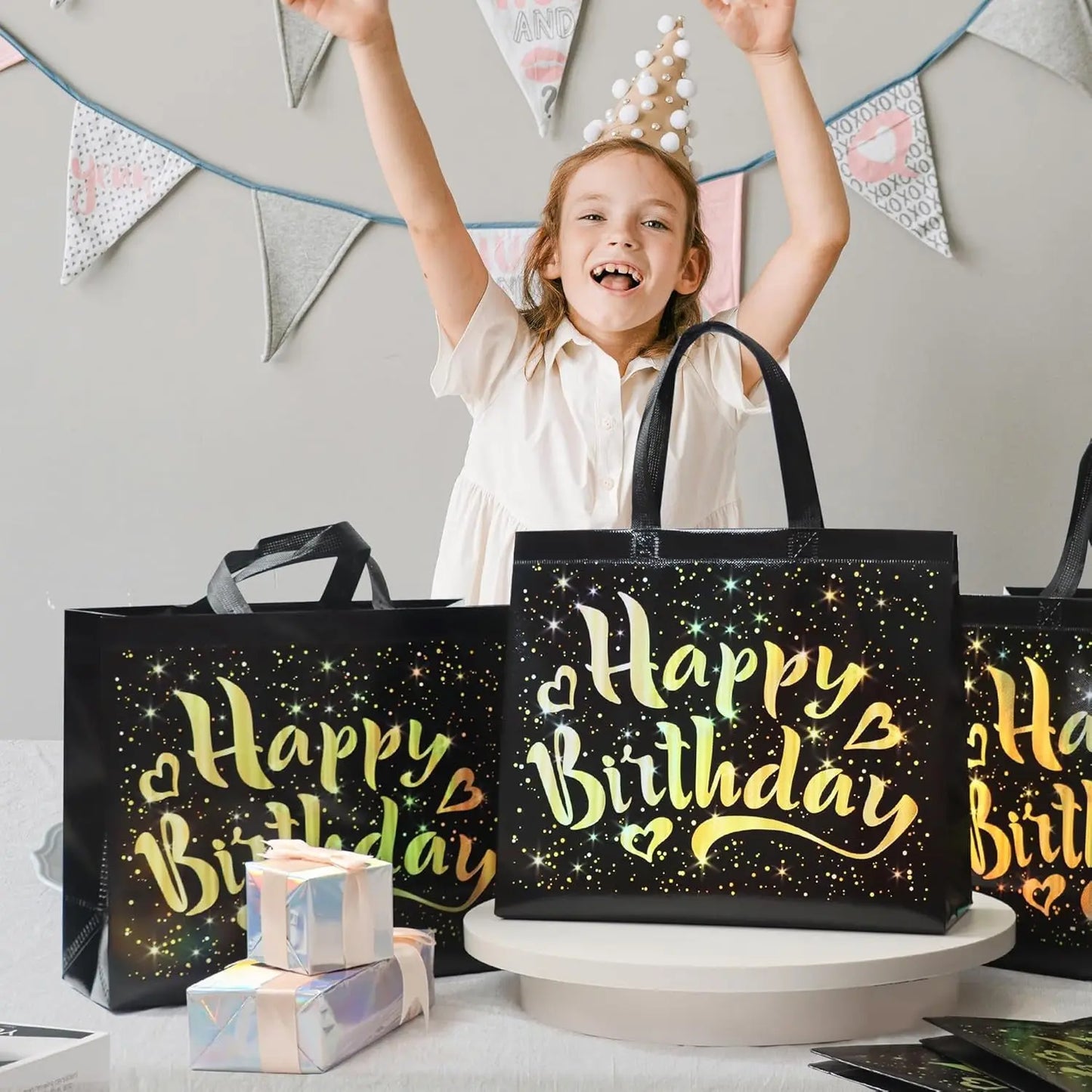 Birthday Gift Bag with Gold Shiny Stars – Reusable Party Gift Bag - Chestore