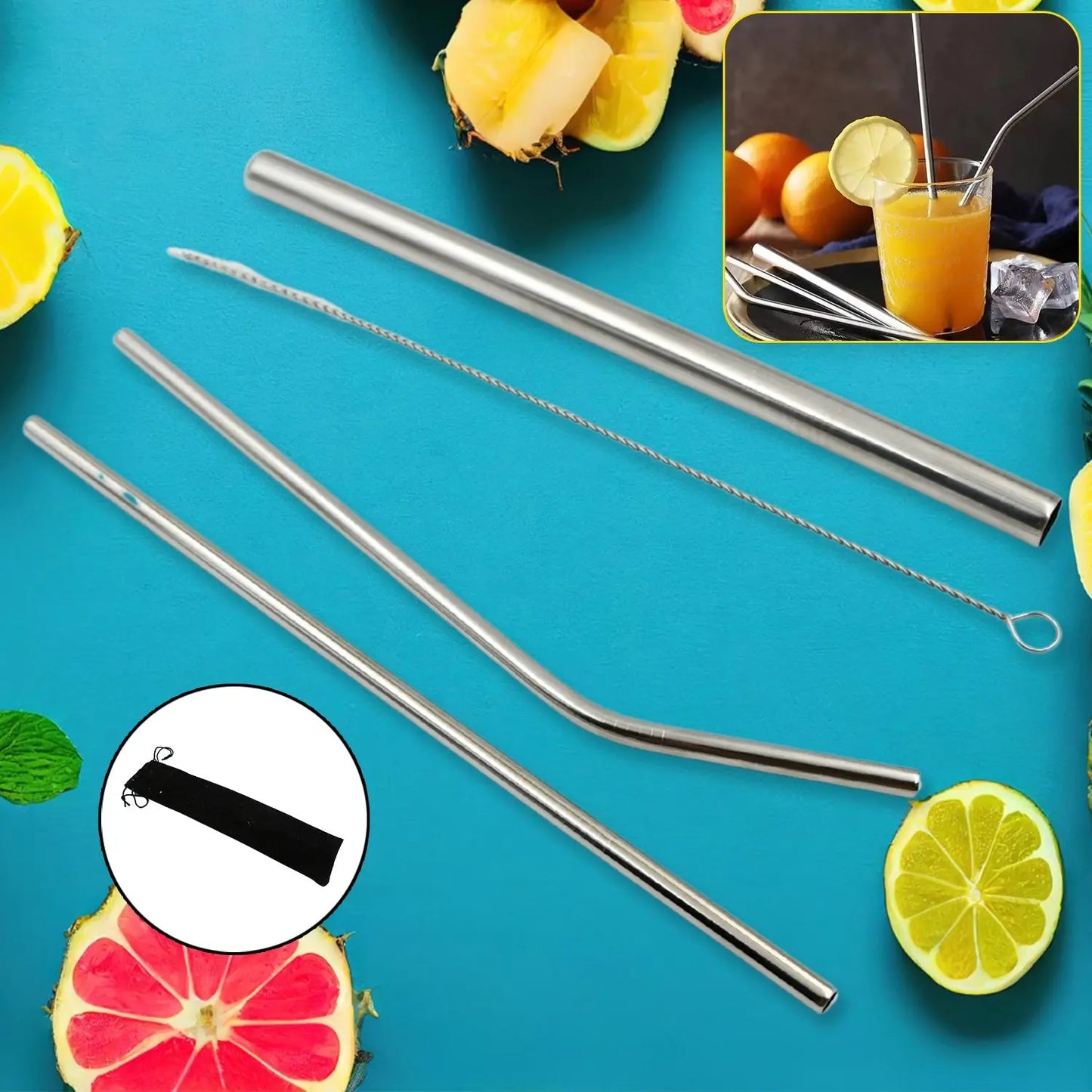 Reusable Stainless Steel Straws Set – 4 PCS Metal Drinking Straws with Travel Case & Cleaning Brush (Eco - Friendly) - Chestore
