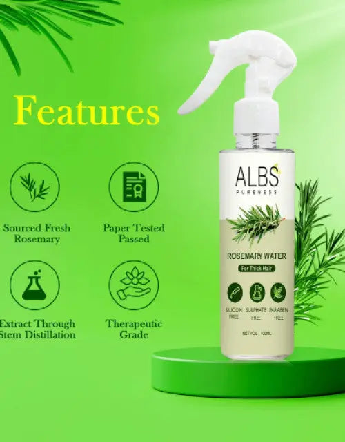 ALBS Pureness rosemary water bottle with features listed on a green background