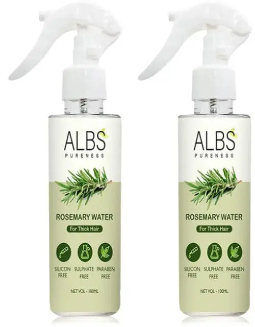 Two bottles of ALBS Rosemary Water for thick hair on a white background