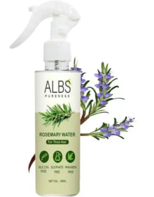 ALBS Rosemary Water spray bottle with rosemary and lavender leaves on a white background