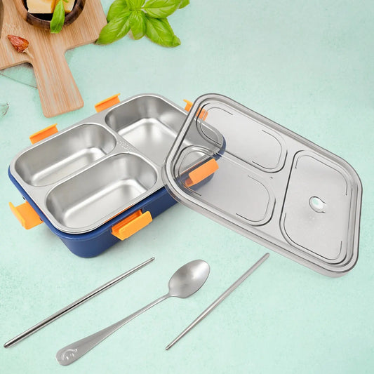 3 - Compartment Stainless Steel Lunch Box – Leakproof Bento with Spoon & Chopsticks - Chestore