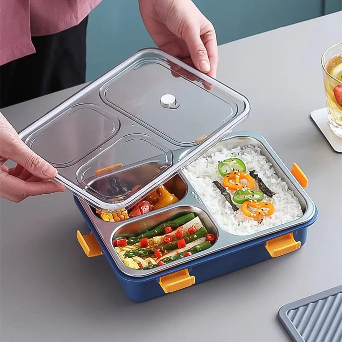 3 - Compartment Stainless Steel Lunch Box – Leakproof Bento with Spoon & Chopsticks - Chestore