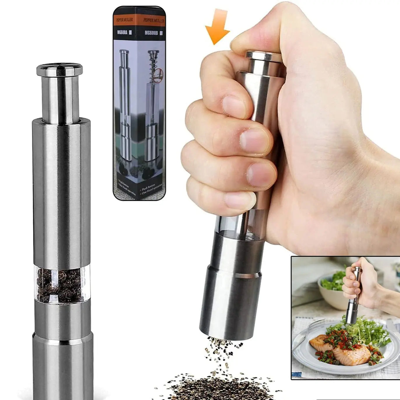 Stainless Steel Thumb Presser Salt & Pepper Grinder – One - Handed Spice Mill - Chestore