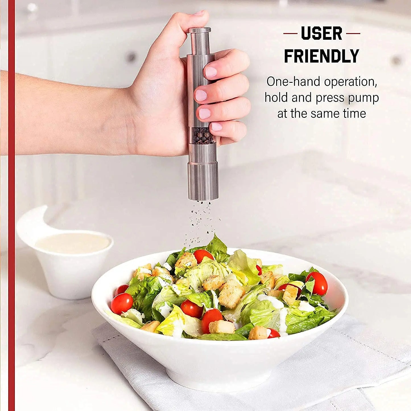 Stainless Steel Thumb Presser Salt & Pepper Grinder – One - Handed Spice Mill - Chestore