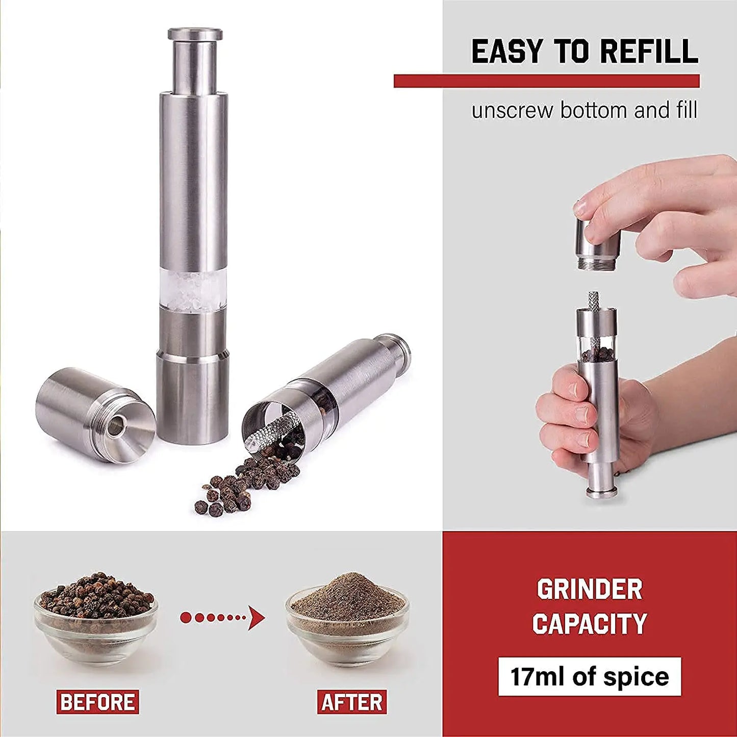 Stainless Steel Thumb Presser Salt & Pepper Grinder – One - Handed Spice Mill - Chestore