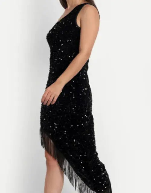 Black sequin dress with fringe on a white background