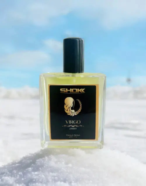 Shok Virgo perfume bottle on a snowy background

