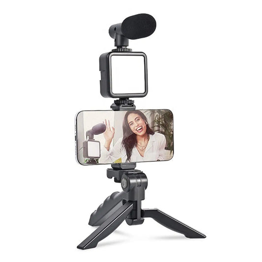 Vlogging Kit for Video Making – Mini Tripod, Mic, LED Light, and Phone Holder for Creators 🎥🎤 - Chestore