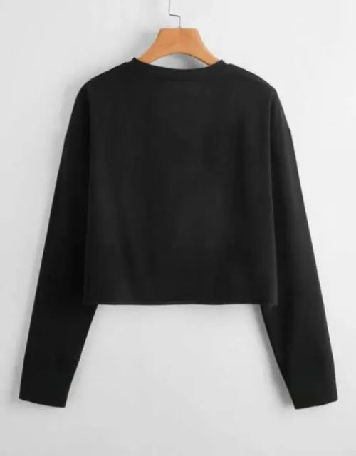 Black sweatshirt on a wooden hanger against a white background

